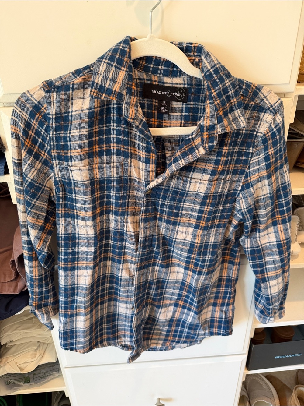 Treasure & Bond Blue Plaid Button-Down Shirt with Cream and Tan Accents